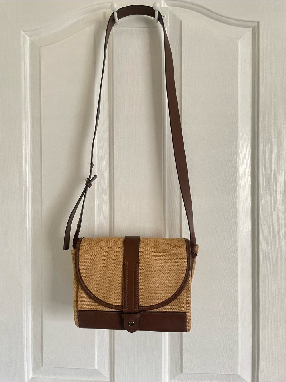 Zara Tan Woven Crossbody with Brown Trim, NEW Without Tag